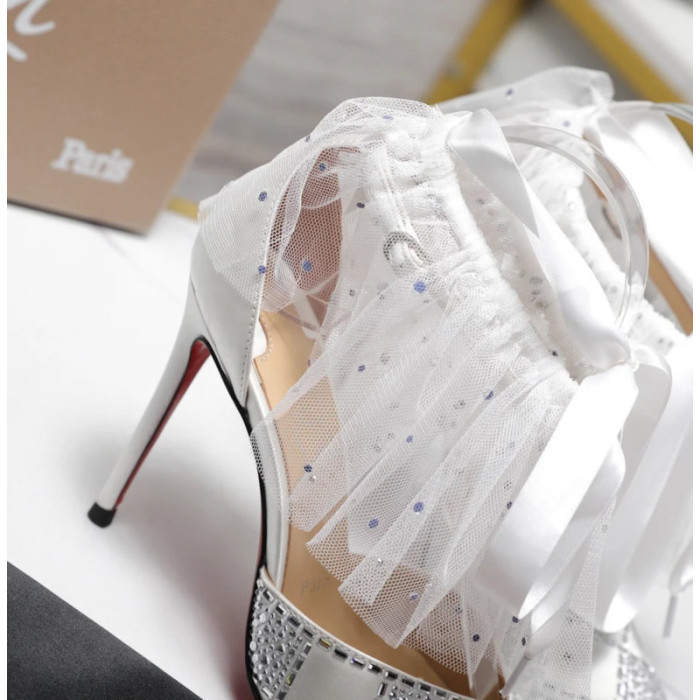Christian Louboutin Silver Satin Checkerboard Crystal Tulle Ruffle 100mm Stiletto Heel Pumps