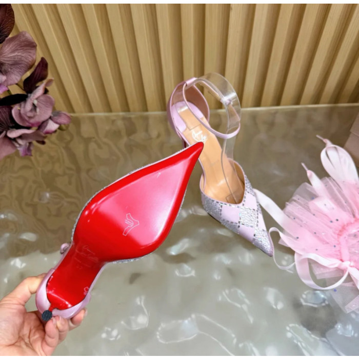 Christian Louboutin Pink Satin Checkered Crystal‑Embellished 100mm Stiletto Heel Ankle‑Strap Pumps