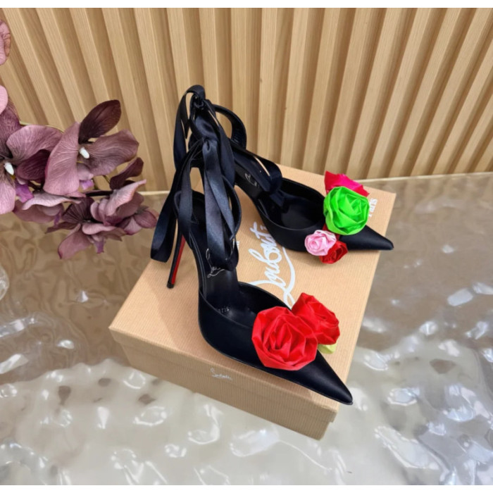 Christian Louboutin Black Satin Multicolor Fabric Flower 100mm Stiletto Heel Slingback Pumps