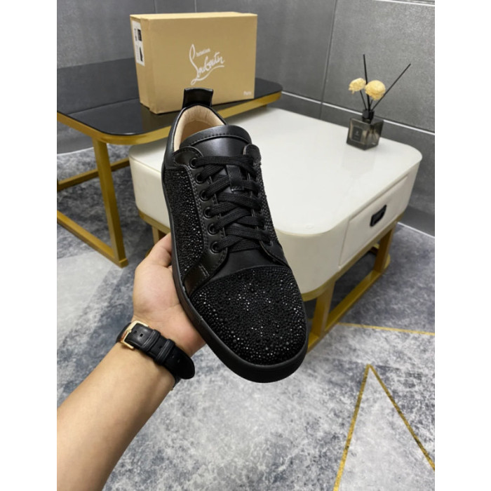 Christian Louboutin Black Leather Jet Crystal‑Encrusted Low‑Top Sneakers