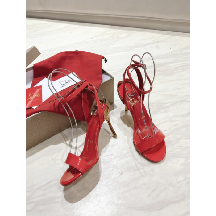 Christian Louboutin Red Patent 100mm Gold‑Sculpted Heel Ankle‑Strap Sandals