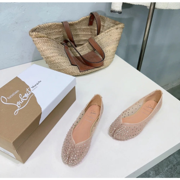 Christian Louboutin Nude Mesh Crystal‑Embellished Split‑Toe Ballet Flats