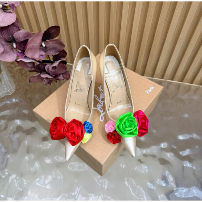 Christian Louboutin Ivory Satin Multicolor Fabric Flower 100mm Stiletto Heel Pumps