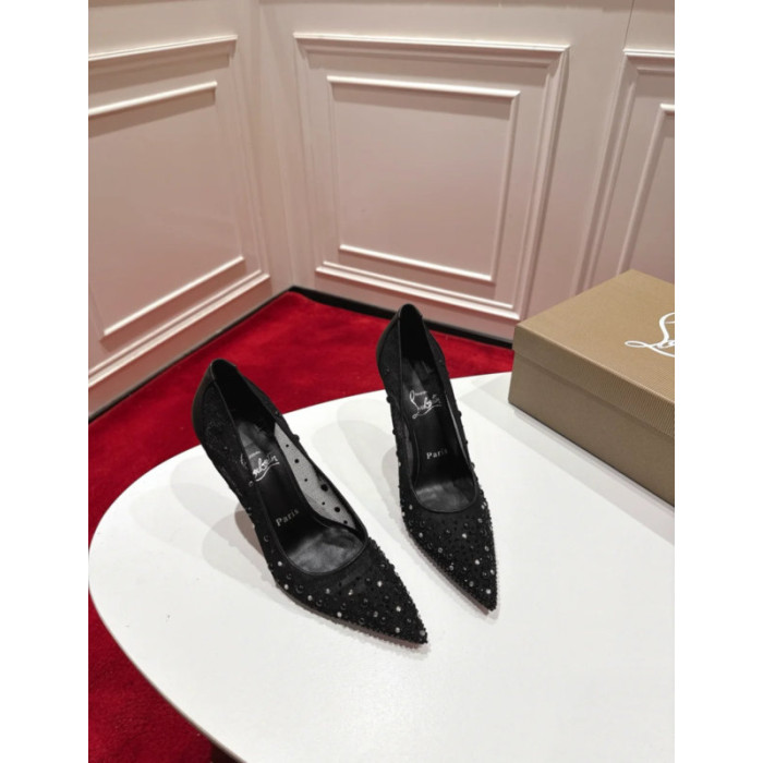 Christian Louboutin Black Mesh Crystal 85mm Stiletto Heel Follies Strass Pumps