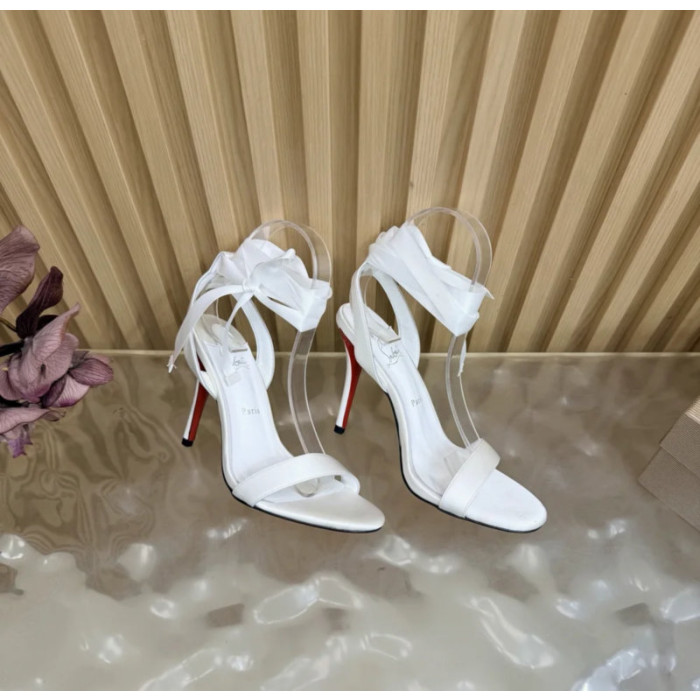 Christian Louboutin White Satin 100mm Ankle‑Wrap Tie Stiletto Sandals