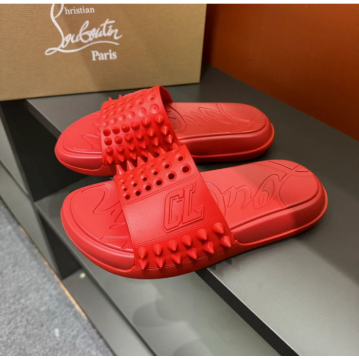 Christian Louboutin Red Rubber Spiked Flat Slide Sandals