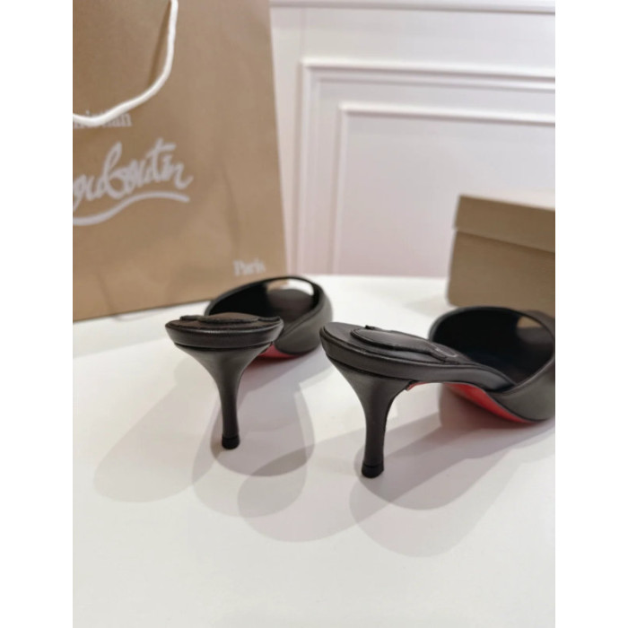 Christian Louboutin Black Leather 55mm Peep‑Toe Mule Heels