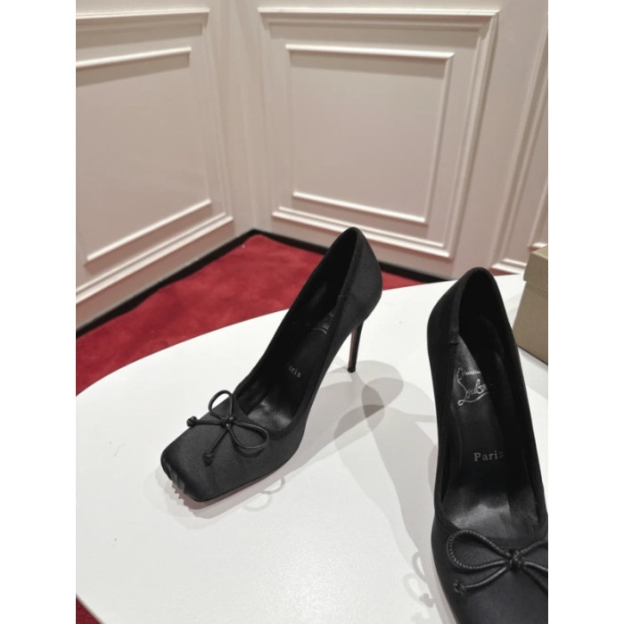 Christian Louboutin Black Satin Bow 100mm Square Toe Stiletto Pumps