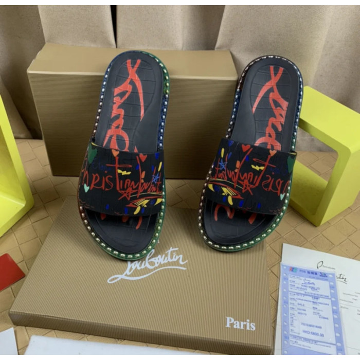 Christian Louboutin Black Graffiti‑Print Slides Rainbow Crystal‑Trimmed Sole
