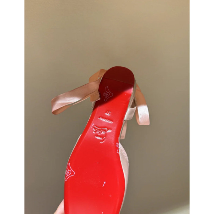 Christian Louboutin Blush Pink Satin Bow Tie‑Ankle Flat Ballet Sandals