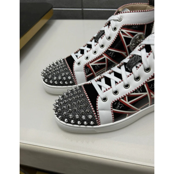 Christian Louboutin Black Patent Geometric‑Print Spiked High‑Top Sneakers