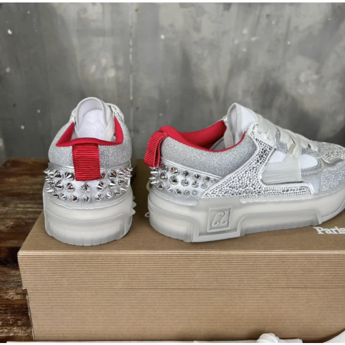 Christian Louboutin Silver Glitter Crystal Spiked Low‑Top Sneakers