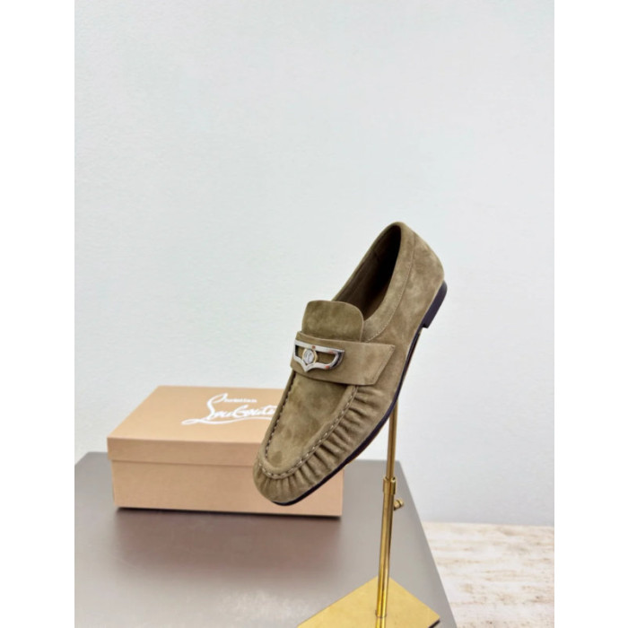 Christian Louboutin Khaki Suede Metal‑Accent Slip‑On Loafers