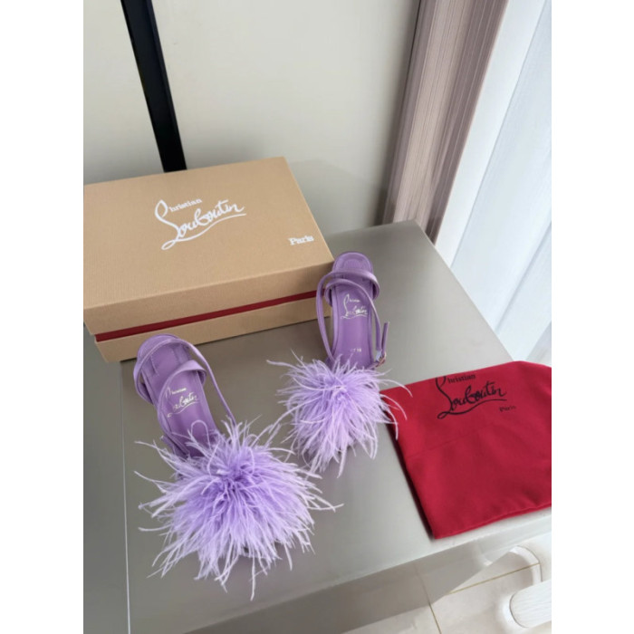 Christian Louboutin Purple Satin Feather 100mm Slingback Sandals