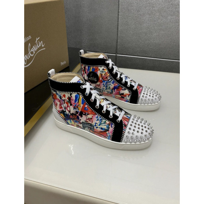 Christian Louboutin Colorful Graffiti Print Silver‑Spiked High‑Top Sneakers