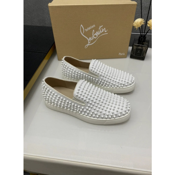 Christian Louboutin White Suede All‑Over Spiked Slip‑On Loafers