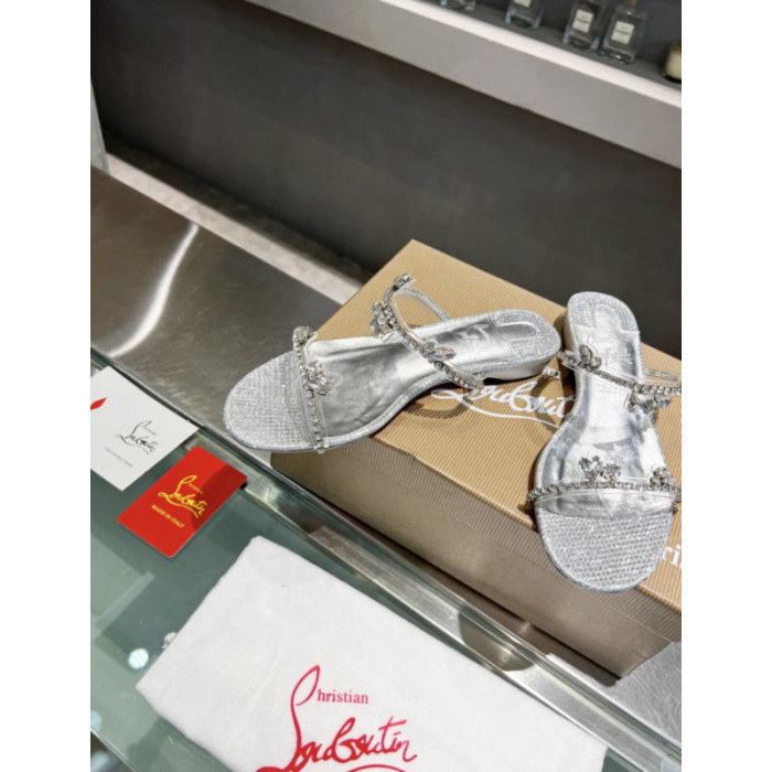 Christian Louboutin Silver Crystal Flower Flat Mule Sandal