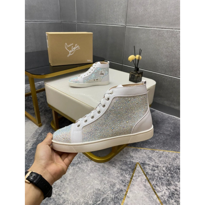 Christian Louboutin White Leather Crystal‑Embellished High‑Top Sneakers