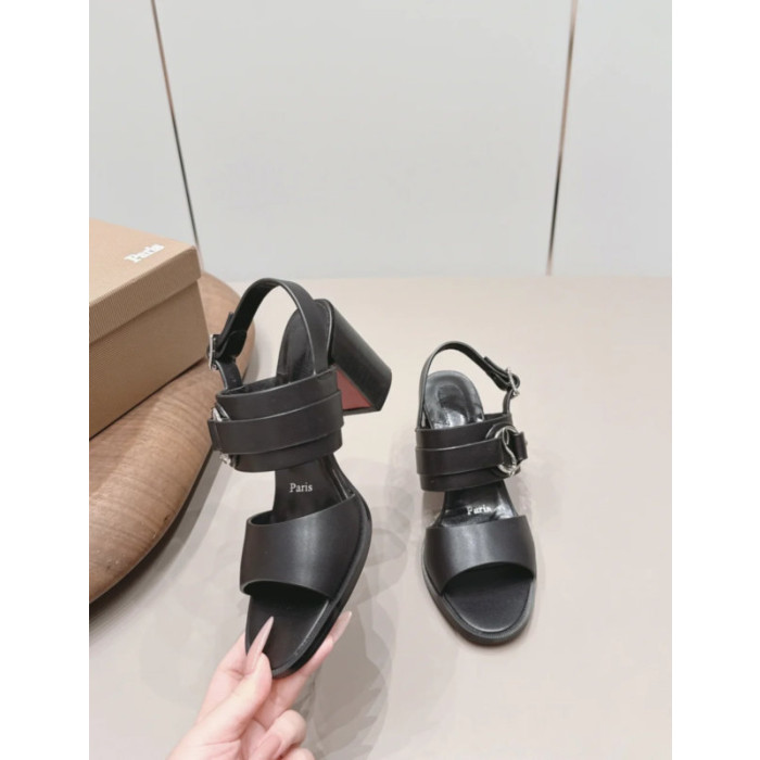 Christian Louboutin Black Leather Ankle‑Strap Block Heel Sandals 85mm heel