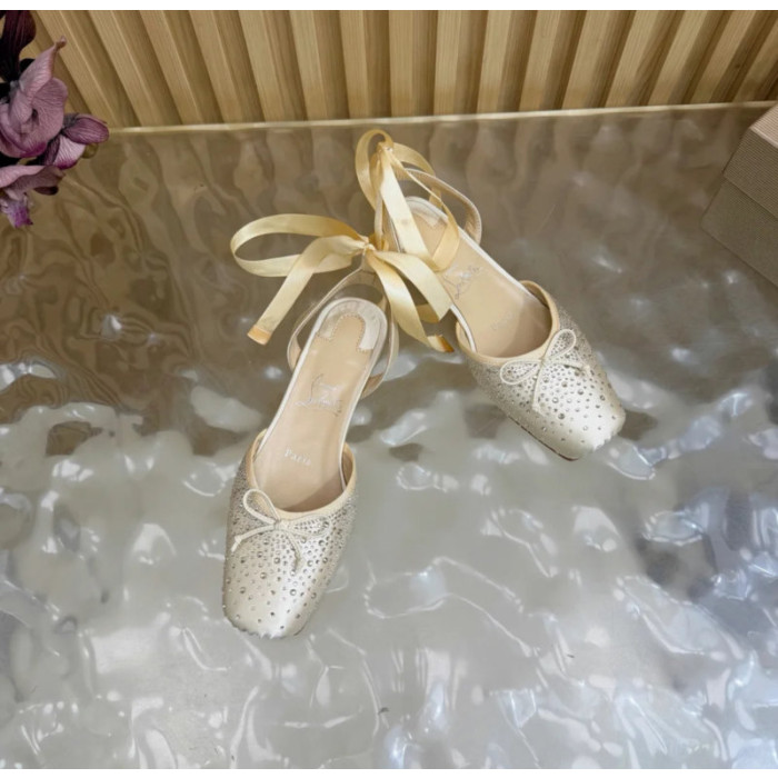 Christian Louboutin Cream Satin Crystal‑Embellished Ankle‑Tie Slingback Ballet Flats