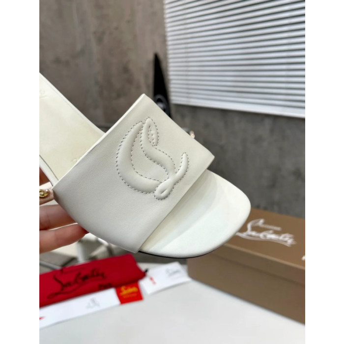Christian Louboutin White Leather 55mm heel Block Heel Slide Sandal