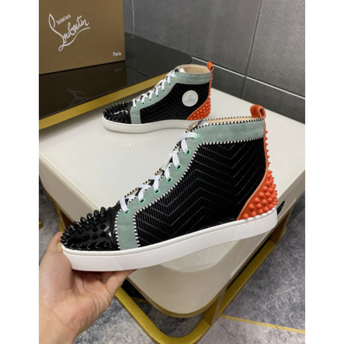 Christian Louboutin Black Chevron Mint‑Trim Orange‑Spiked High‑Top Sneakers