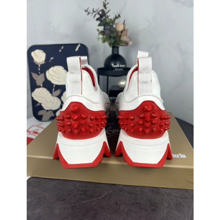 Christian Louboutin White‑Red Leather Slip‑On Spiked Sneakers Red Shark‑Tooth Sole