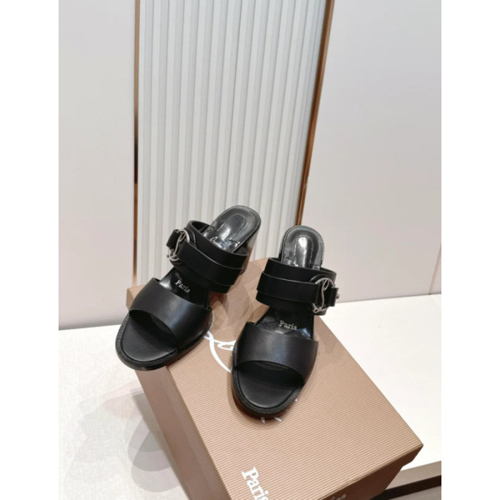 Christian Louboutin Black Leather Block‑Heel Buckle Mule Sandals