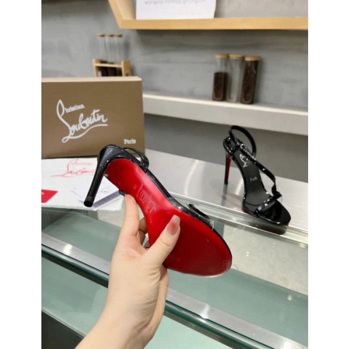 Christian Louboutin Black Patent Asymmetric Curved Strap Slingback Sandal 100mm heel