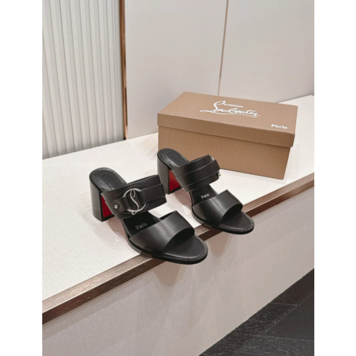 Christian Louboutin Black Leather Block‑Heel Buckle Mule Sandals