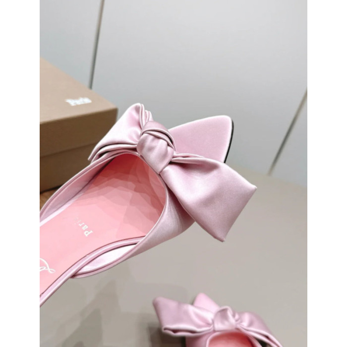 Christian Louboutin Pink Satin Oversized‑Bow Pointed‑Toe Mule Kitten Heel Sandals 55mm heel