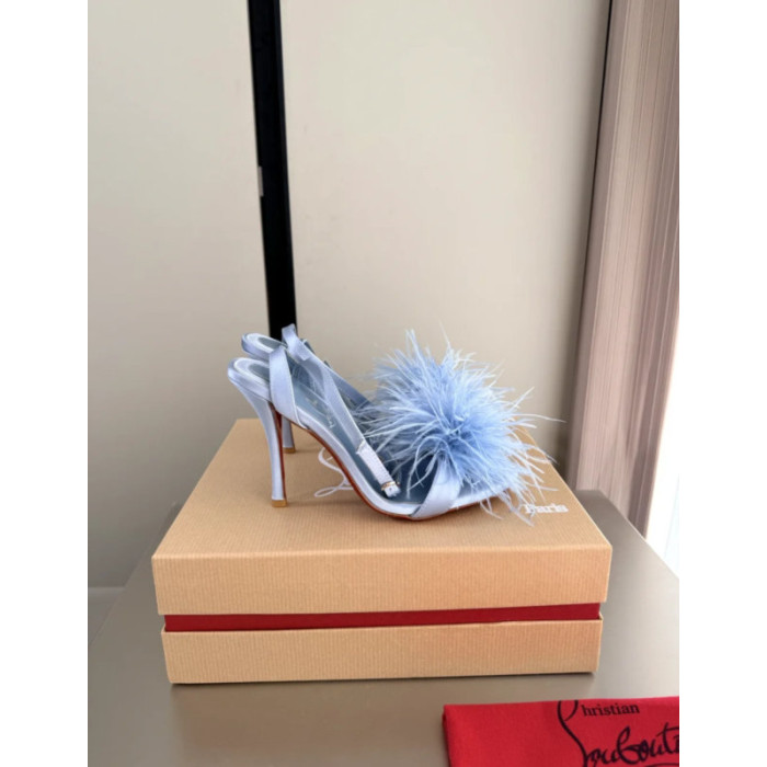 Christian Louboutin Light Blue Satin 100mm Feather Slingback Sandals