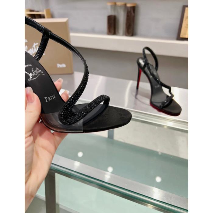 Christian Louboutin Black Suede Crystal‑Embellished 100mm heel Sandal