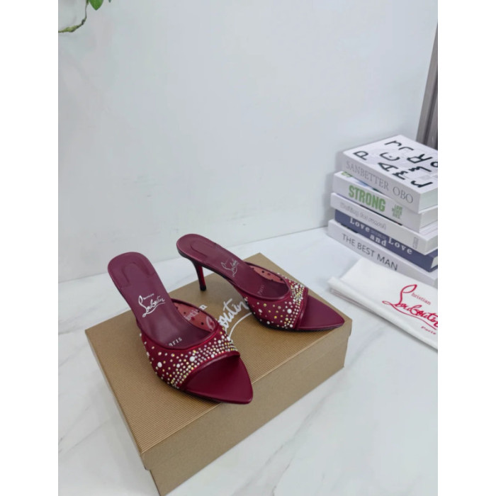Christian Louboutin Burgundy Mesh Crystal 70mm Pointed‑Toe Mule High‑Heel Sandals