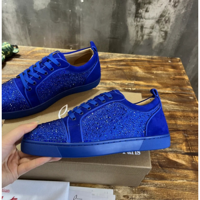 Christian Louboutin Royal Blue Suede Crystal‑Encrusted Low‑Top Sneakers