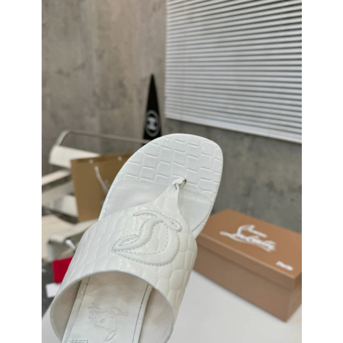 Christian Louboutin White Croc‑Embossed 70mm Block Heel Thong Mule Sandals