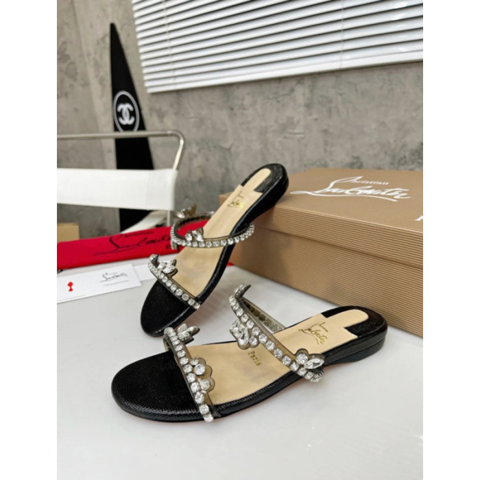 Christian Louboutin Black Crystal Embellished Flat Slide Sandal