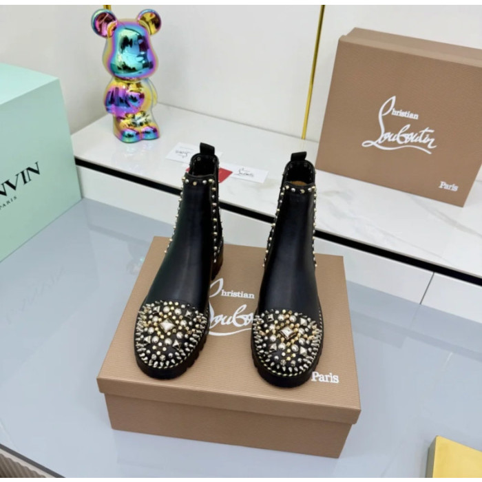 Christian Louboutin Black Leather Mixed‑Metal Studded Chelsea Ankle Boots Block Heel