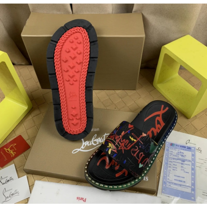 Christian Louboutin Black Graffiti‑Print Slides Rainbow Crystal‑Trimmed Sole