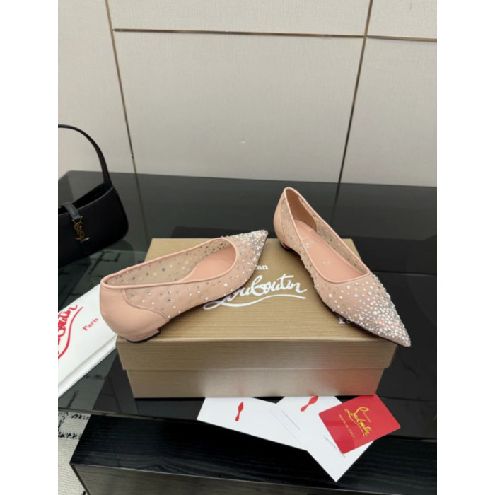 Christian Louboutin Pink Mesh Crystal Pearl Pointed‑Toe Flat Pumps