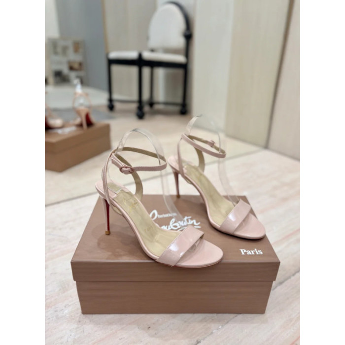 Christian Louboutin Nude Patent Leather 100mm Stiletto Heel Ankle‑Strap Sandals