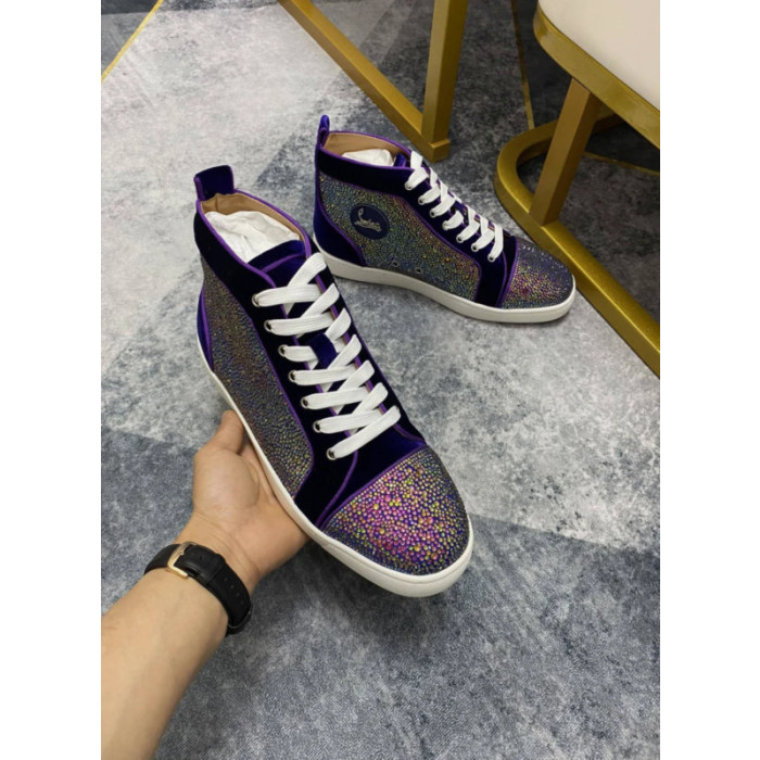 Christian Louboutin Purple Velvet Multicolor Rhinestone High‑Top Sneakers