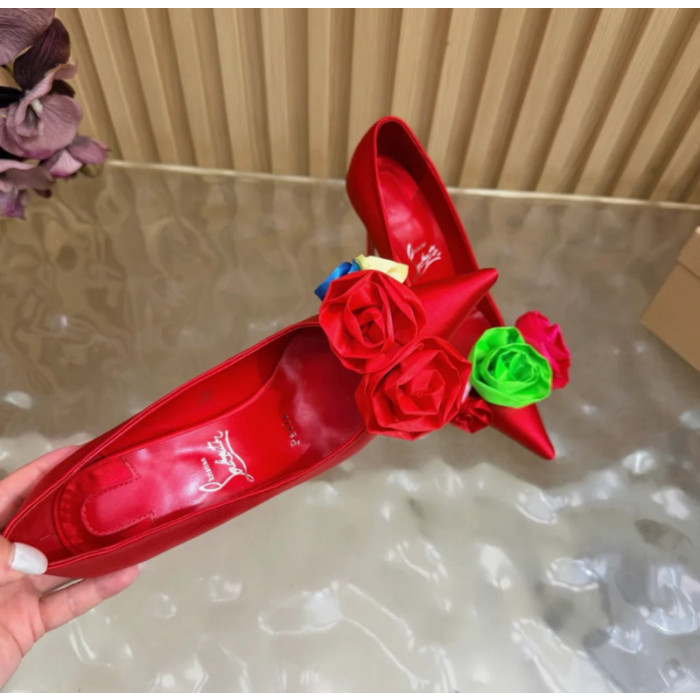 Christian Louboutin Red Satin Multicolor Fabric Flower 100mm Stiletto Heel Pumps