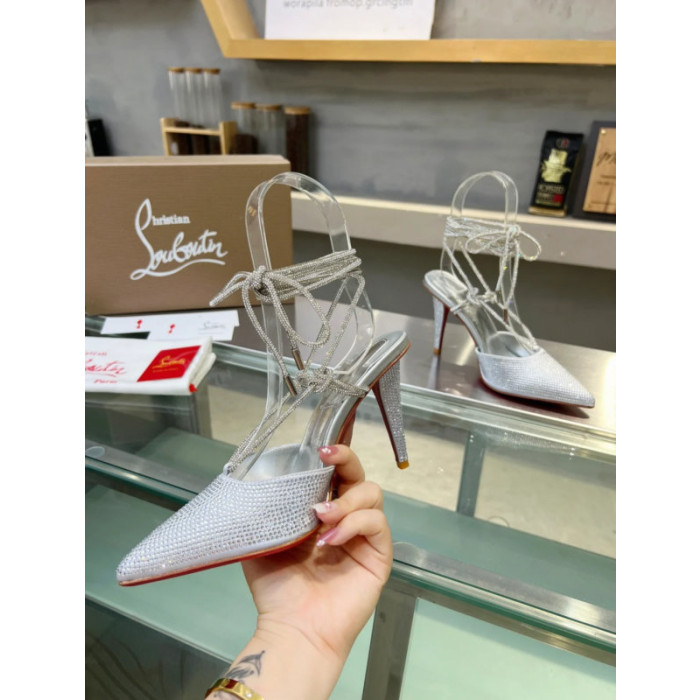 Christian Louboutin Silver Crystal Ankle Tie 100mm High Heel Pumps