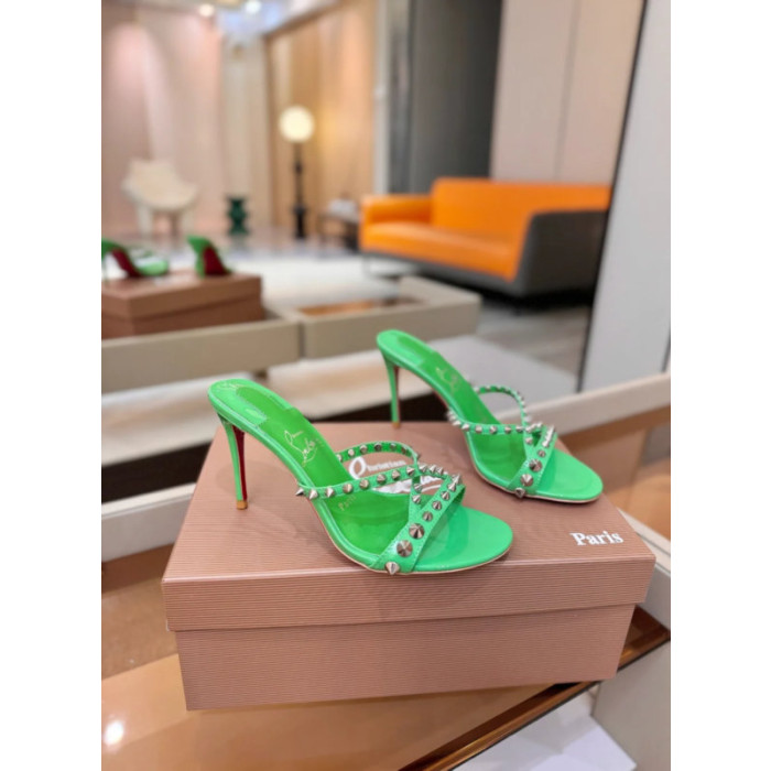 Christian Louboutin Green Patent Leather 100mm heel Silver‑Spiked Mule High‑Heel Sandals