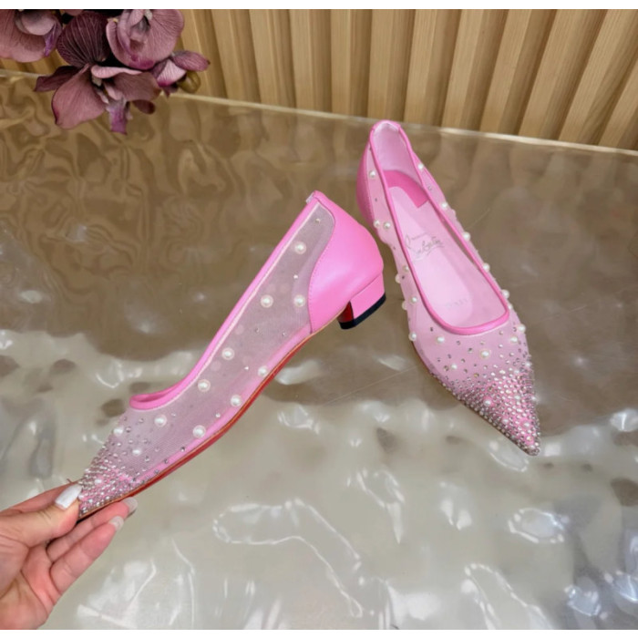 Christian Louboutin Pink Mesh Pearl Crystal‑Embellished Pointed‑Toe Flat Pumps