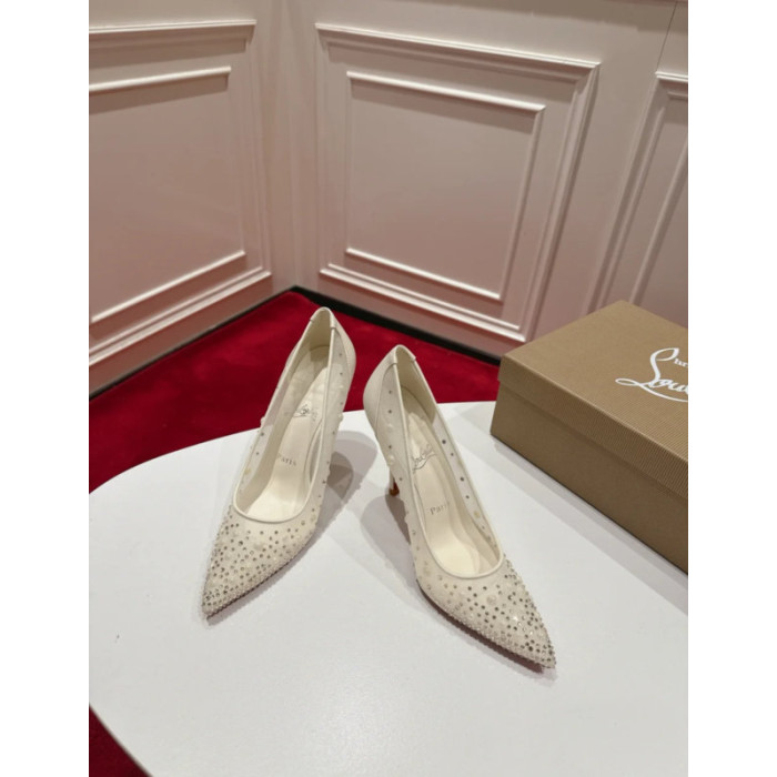 Christian Louboutin Ivory Mesh Pearl Crystal 85mm Stiletto Heel Follies Strass Pumps