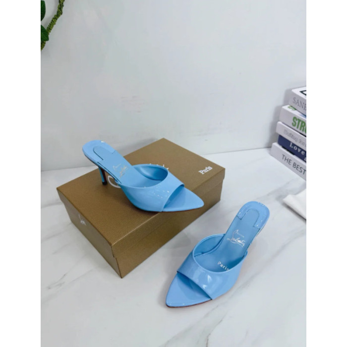 Christian Louboutin Light Blue Patent 85mm Pointed‑Toe Mule Heels