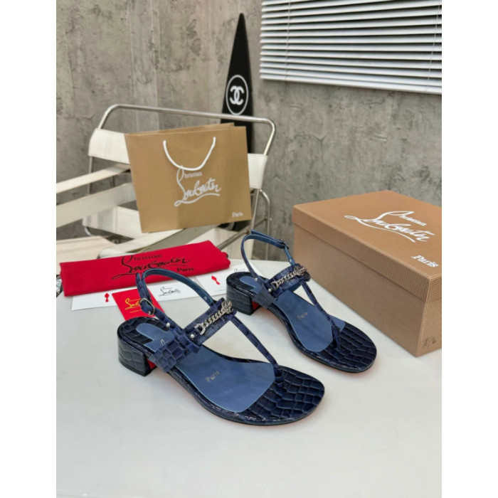 Christian Louboutin Navy Croc‑embossed Leather Block Heel Thong Sandal