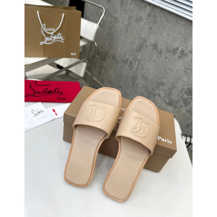 Christian Louboutin Stitched Logo Beige Leather Flat Open‑toe Slide